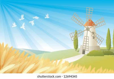 Rural landscape with windmill