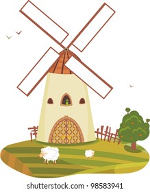 Rural landscape with a windmill an apple-tree and sheep