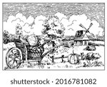 Rural landscape with windmill.  Bakery shop, organic agricultural production, ecological food. Vector hand drawn vintage engraved sketch.
