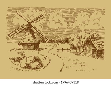 Rural landscape with windmill.  Bakery shop, organic agricultural production, ecological food. Vector hand drawn vintage engraved sketch.