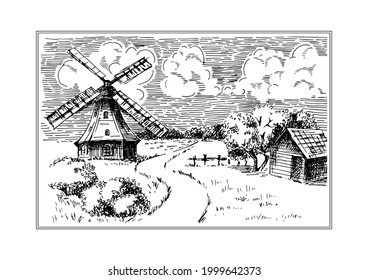 Rural landscape with windmill.  Bakery shop, organic agricultural production, ecological food. Vector hand drawn vintage engraved sketch.