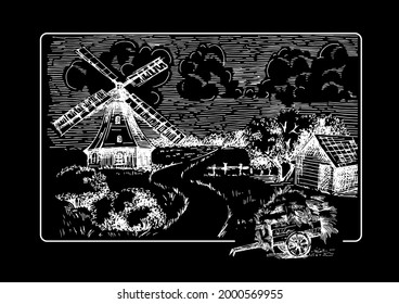 Landschaft mit Windmühle.  Bäckerei, Bio-Landwirtschaft, ökologische Lebensmittel. Vektor handgezeichnet Vintage graviert Skizze.