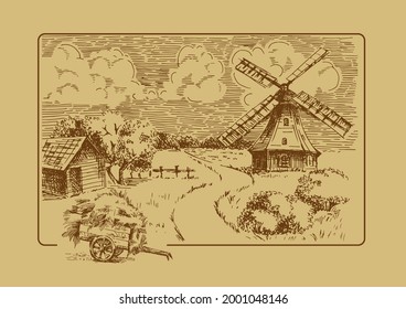 Rural landscape with windmill.  Bakery shop, organic agricultural production, ecological food. Vector hand drawn vintage engraved sketch.