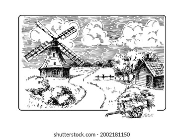 Rural landscape with windmill.  Bakery shop, organic agricultural production, ecological food. Vector hand drawn vintage engraved sketch.