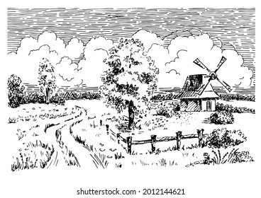 Rural landscape with windmill.  Bakery shop, organic agricultural production, ecological food. Vector hand drawn vintage engraved sketch.