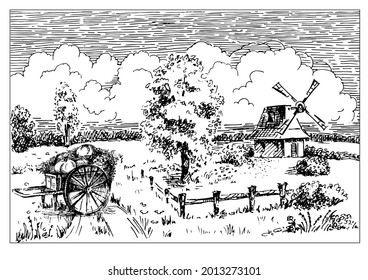 Rural landscape with windmill.  Bakery shop, organic agricultural production, ecological food. Vector hand drawn vintage engraved sketch.