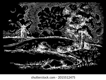 Rural landscape with windmill.  Bakery shop, organic agricultural production, ecological food. Vector hand drawn vintage engraved sketch.