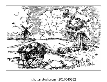 Rural landscape with windmill.  Bakery shop, organic agricultural production, ecological food. Vector hand drawn vintage engraved sketch.