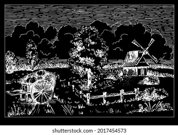 Rural landscape with windmill.  Bakery shop, organic agricultural production, ecological food. Vector hand drawn vintage engraved sketch.