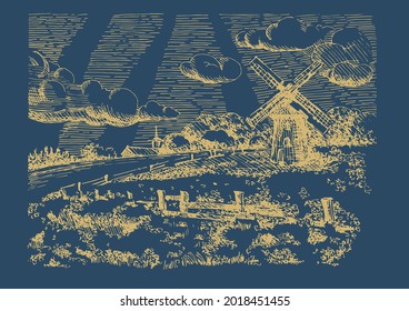 Rural landscape with windmill.  Bakery shop, organic agricultural production, ecological food. Vector hand drawn vintage engraved sketch.