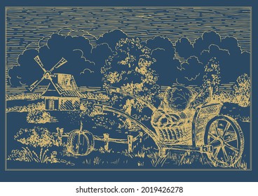 Rural landscape with windmill.  Bakery shop, organic agricultural production, ecological food. Vector hand drawn vintage engraved sketch.
