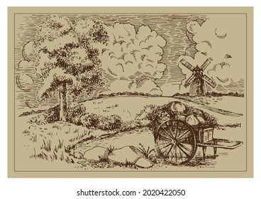Rural landscape with windmill.  Bakery shop, organic agricultural production, ecological food. Vector hand drawn vintage engraved sketch.