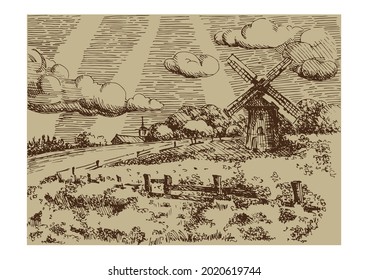 Rural landscape with windmill.  Bakery shop, organic agricultural production, ecological food. Vector hand drawn vintage engraved sketch.