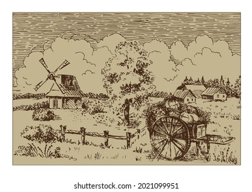 Rural landscape with windmill.  Bakery shop, organic agricultural production, ecological food. Vector hand drawn vintage engraved sketch.