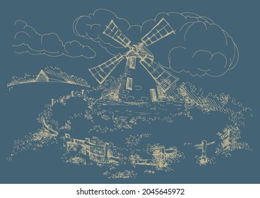 Rural landscape with windmill.  Bakery shop, organic agricultural production, ecological food. Vector hand drawn vintage engraved sketch.