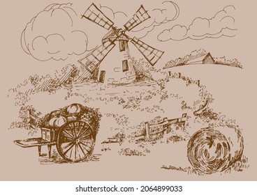 Rural landscape with windmill.  Bakery shop, organic agricultural production, ecological food. Vector hand drawn vintage engraved sketch.