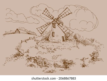 Rural landscape with windmill.  Bakery shop, organic agricultural production, ecological food. Vector hand drawn vintage engraved sketch.