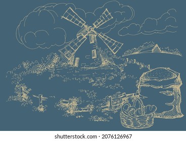 Rural landscape with windmill.  Bakery shop, organic agricultural production, ecological food. Vector hand drawn vintage engraved sketch.