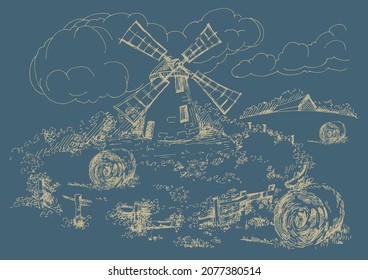 Rural landscape with windmill.  Bakery shop, organic agricultural production, ecological food. Vector hand drawn vintage engraved sketch.