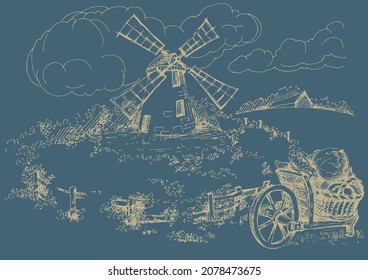 Rural landscape with windmill.  Bakery shop, organic agricultural production, ecological food. Vector hand drawn vintage engraved sketch.