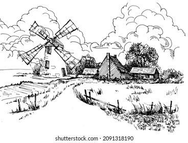 Rural landscape with windmill.  Bakery shop, organic agricultural production, ecological food. Vector hand drawn vintage engraved sketch.