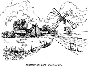 Rural landscape with windmill.  Bakery shop, organic agricultural production, ecological food. Vector hand drawn vintage engraved sketch.