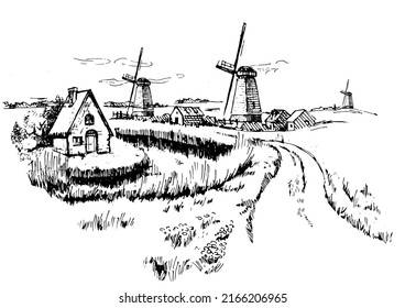Rural landscape with windmill.  Bakery shop, organic agricultural production, ecological food. Vector hand drawn vintage engraved sketch.
