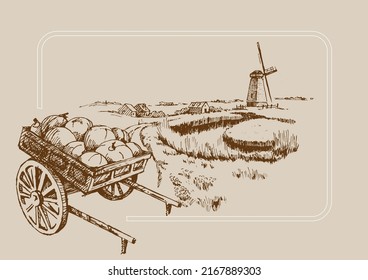 Rural landscape with windmill.  Bakery shop, organic agricultural production, ecological food. Vector hand drawn vintage engraved sketch.
