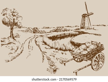 Rural landscape with windmill.  Bakery shop, organic agricultural production, ecological food. Vector hand drawn vintage engraved sketch.
