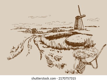 Paysage rural avec moulin à vent.  Magasin de boulangerie, production agricole biologique, nourriture écologique. Image vectorielle croquis gravé vintage dessiné à la main.
