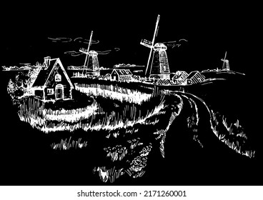 Rural landscape with windmill.  Bakery shop, organic agricultural production, ecological food. Vector hand drawn vintage engraved sketch.
