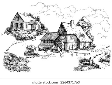 Rural landscape with windmill.  Bakery shop, organic agricultural production, ecological food. Vector hand drawn vintage engraved sketch.
