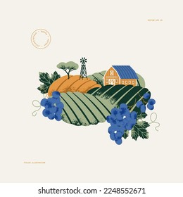 Rural landscape with a windmill and farm house. Vineyard fields. Retro style textured illustration