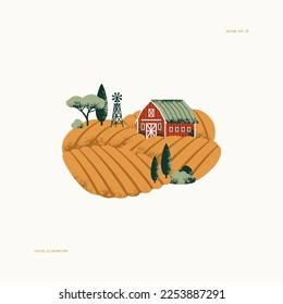 Rural landscape with a windmill and farm house. Wheat fields. Retro style textured illustration.