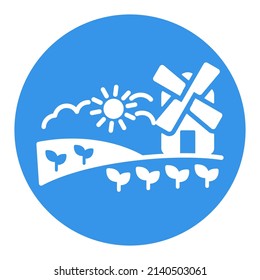 Paisaje rural con icono de glifo plano de molino de viento. Señal de agricultura. Símbolo gráfico para el diseño del sitio web, logotipo, aplicación, interfaz de usuario. Ilustración del vector, EPS10.