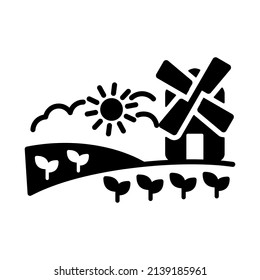 Landschaft mit Windmühle-Symbol. Agrarzeichen. Graph Symbol für Ihr Web-Site-Design, Logo, App, UI. Vektorgrafik, EPS10.