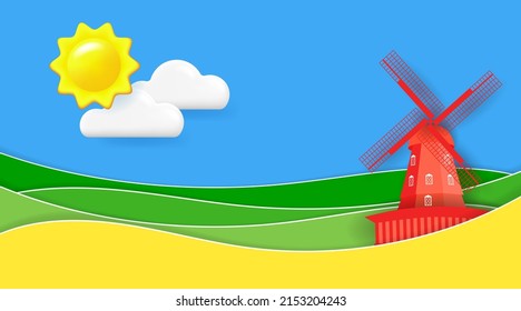 Rural Landscape With Windmill And Green Hills. Summer Rustic Scene