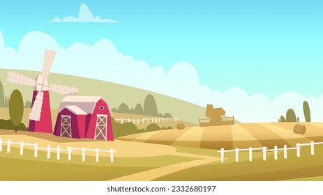 Rural landscape. Windmill and house in village. Vector cartoon background