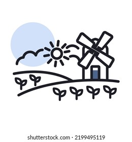 Landschaft mit Windmühle einzeln Symbol. Agrarzeichen. Graph Symbol für Ihr Web-Site-Design, Logo, App, UI. Vektorgrafik, EPS10.