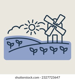 Rural landscape with windmill isolated icon. Agriculture sign. Graph symbol for your web site design, logo, app, UI. Vector illustration, EPS10.