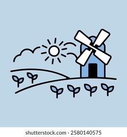 Rural landscape with windmill isolated icon. Agriculture sign. Graph symbol for your web site design, logo, app, UI. Vector illustration, EPS10.