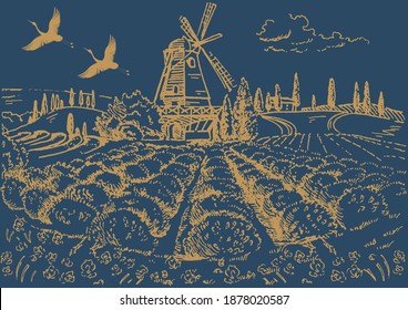 Rural landscape with windmill and lavender  field.  Vector hand drawn vintage engraved sketch.