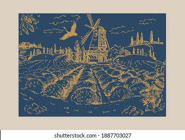 Rural landscape with windmill and lavender  field.  Vector hand drawn vintage engraved sketch.