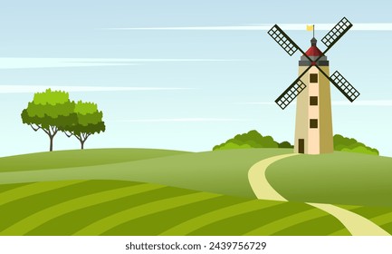 Rural landscape with windmill and meadow or paddy field. Vector illustration.