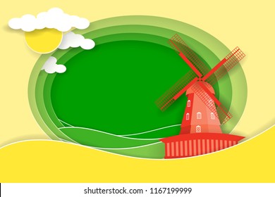 Rural landscape with windmill and meadows. Paper cut shapes and layers as countryside design. Vector EPS10