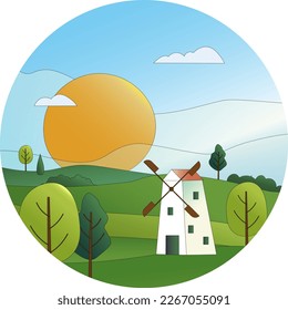 Rural landscape with a windmill on a bright sunny day. Green grass and trees, sun and clouds. Rural scene from life. Vector drawing in flat style with gradients. Illustration for banners, background