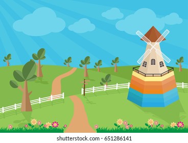 Rural landscape with windmill, vector illustration.
