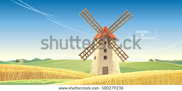 Rural Landscape Windmill Vector Illustration Stock Vector (Royalty Free ...