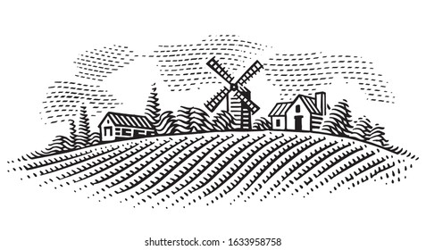 Rural landscape with windmill and village houses engraving style illustration. Vector.	