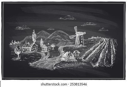 Rural landscape, windmill and vineyard chalk illustration. 
